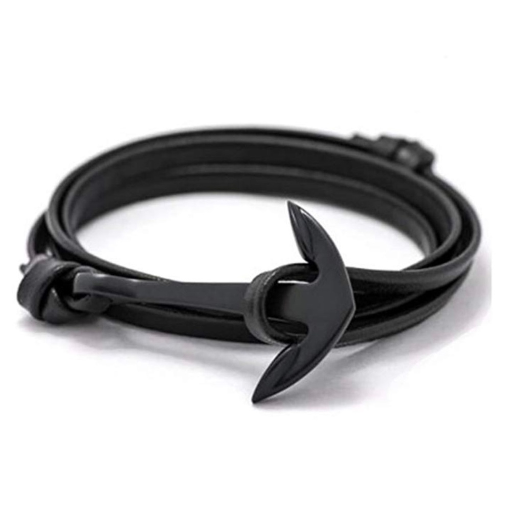 New Men's Stephen Oliver Black Plated Leather Nautical Wrap Bracelet